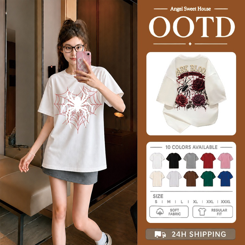 (COD) Angle Official เสื้อยืดผู้หญิงแขนสั้น ลายใยแมงมุมและดอกกุหลาบ ทรงหลวม โอเวอร์ไซซ์ ผ้านุ่ม สไตล์ Y2K สตรีท
