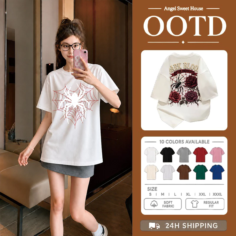 (COD) Angle Official เสื้อยืดผู้หญิงแขนสั้น ลายใยแมงมุมและดอกกุหลาบ ทรงหลวม โอเวอร์ไซซ์ ผ้านุ่ม สไตล์ Y2K สตรีท