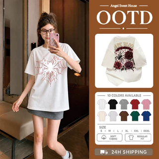 (COD) Angle Official เสื้อยืดผู้หญิงแขนสั้น ลายใยแมงมุมและดอกกุหลาบ ทรงหลวม โอเวอร์ไซซ์ ผ้านุ่ม สไตล์ Y2K สตรีท