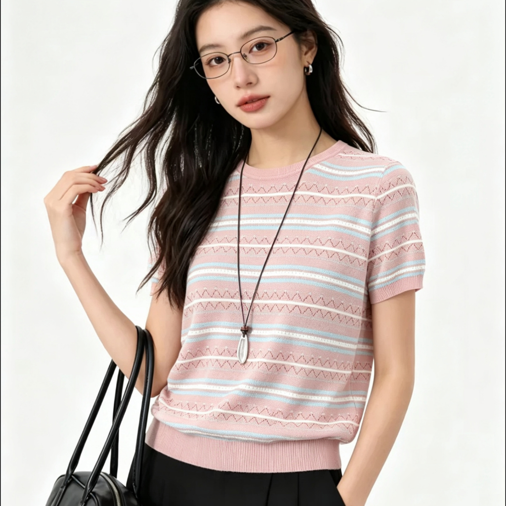 เสื้อไหมถักแขนสั้น ลายทางสีตัดกัน คอกลม ลายฉลุ ทรงหลวมซ่อนพุง สไตล์ลำลอง สำหรับผู้หญิง
