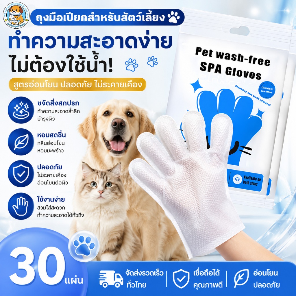ถุงมือสปา ถุงมือเปียกอาบน้ำสัตว์เลี้ยง ใช้แล้วทิ้ง อาบน้ำแห้ง ขจัดกลิ่น ถุงมือทำความสะดวกสัตว์เลี้ยง แพ็คละ6ชิ้น