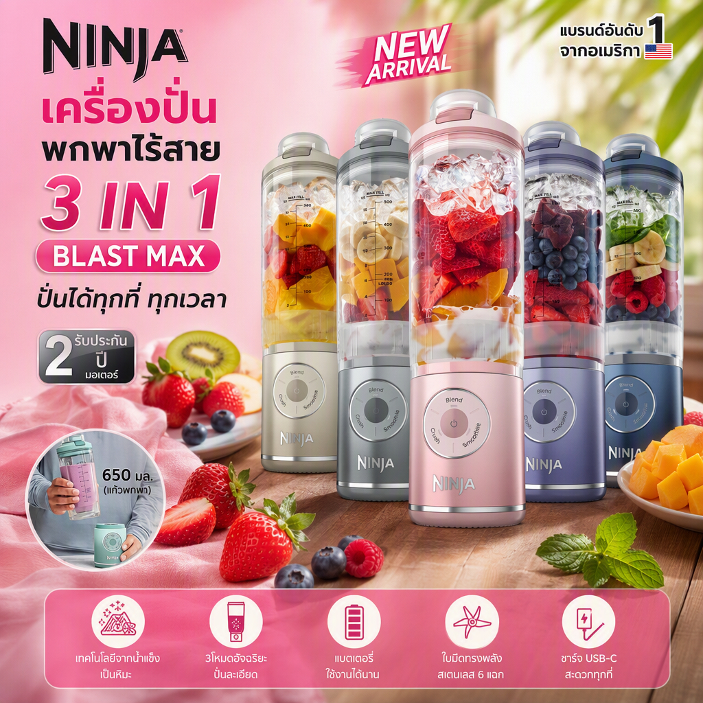 Ninja Blast Max BC251 650ml เครื่องปั่นพกพา ชาร์จ USB ทรงกะทัดรัด พกง่าย พร้อมส่ง