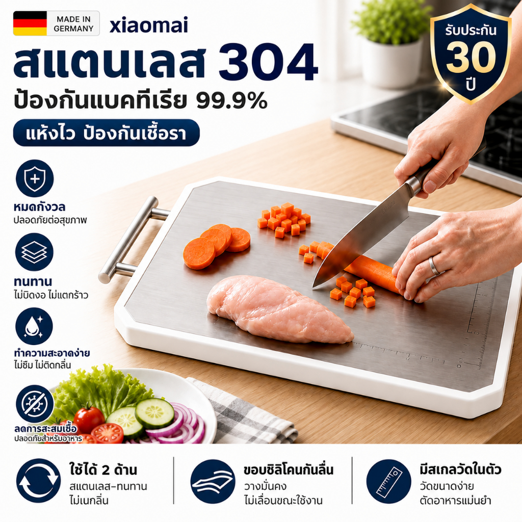 ซื้อ1ครั้งใช้30ปี เขียง เขียงสแตนเลส เขียงสแตนเลสpp+ 304 อัตรากันเชื้อสูงถึง99.9% ใช้ได้สองด้าน แยกผักและเนื้อดิบได้