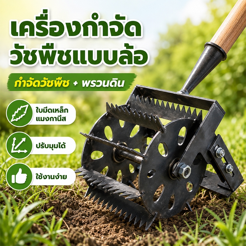 พลั่วฟันเลื่อย มัลติฟังก์ชั่น ทำจากเหล็ก หัวพรวนดิน รวมถึงไม้แท่ง การปรับมุมจะควบคุมความลึก ใช้สำหรับไถพรวนคลายดิน