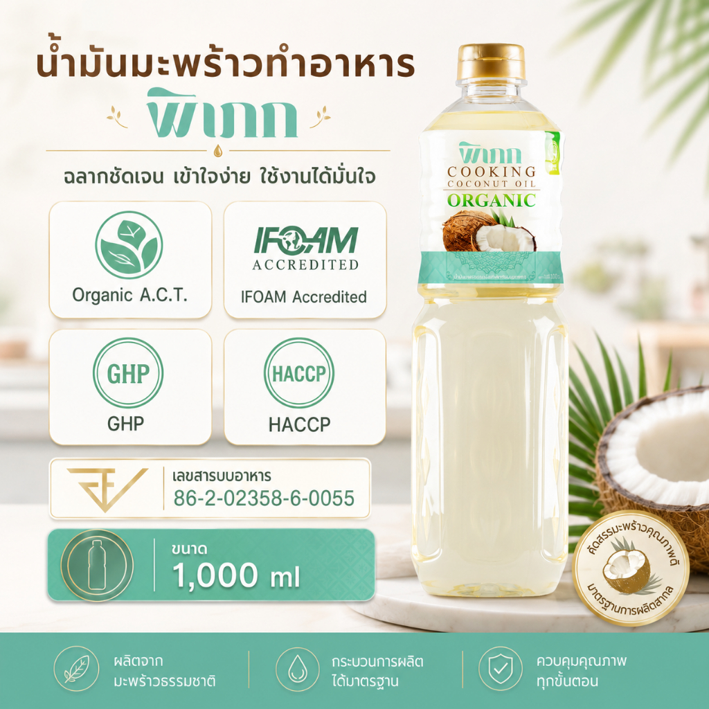 น้ำมันมะพร้าวทำอาหาร พิเภก 1000ml น้ำมันทำอาหารออร์แกนิก ไม่ผ่านกรรมวิธี Coconut Cooking Oil รูปที่ 5