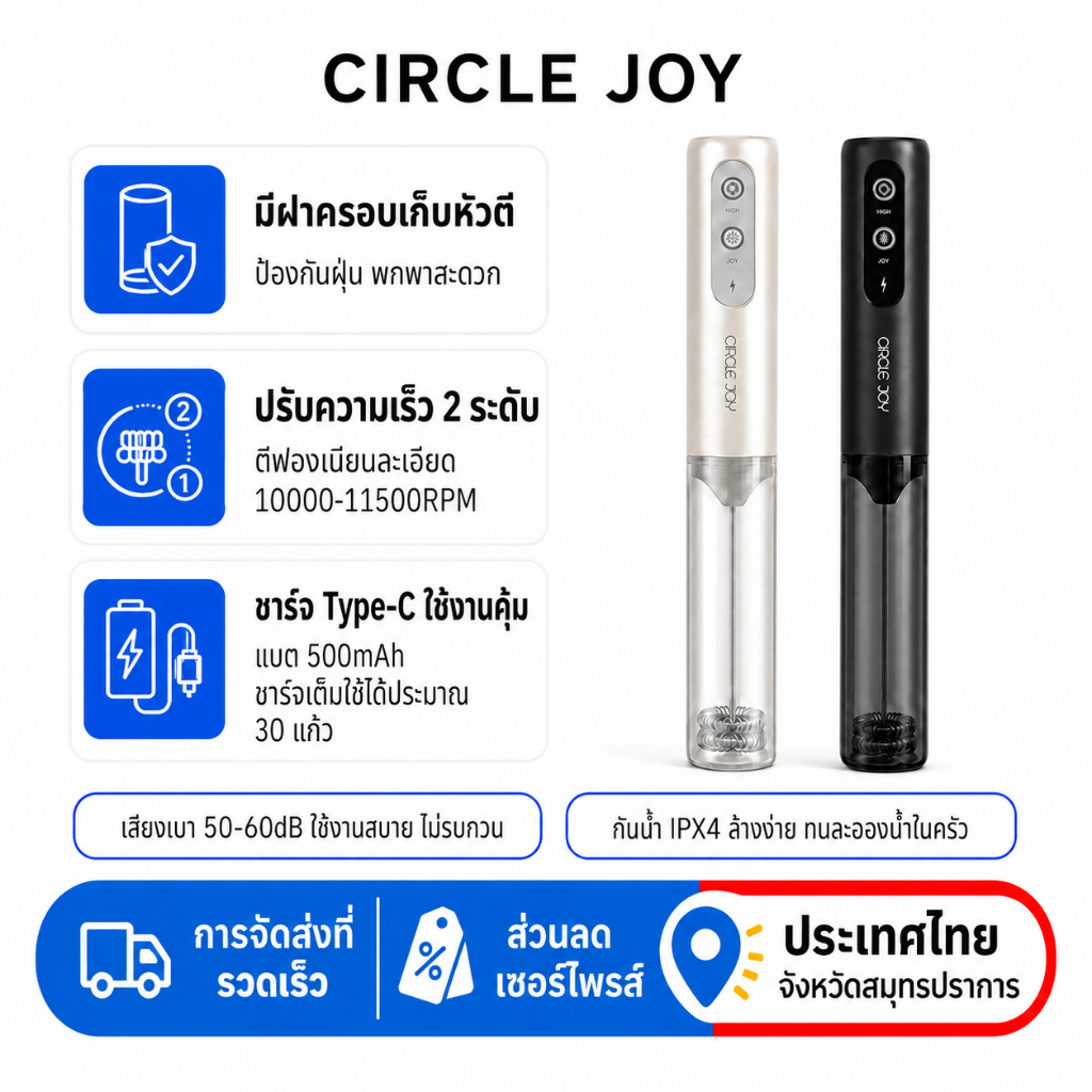 CIRCLE JOY CJ-EMF19D เครื่องตีฟองนมไฟฟ้า Milk Frother ไร้สาย ชาร์จ Type-C 2 ระดับความเร็ว หัวตีสแตนเลส 304 พร้อมฝาครอบ