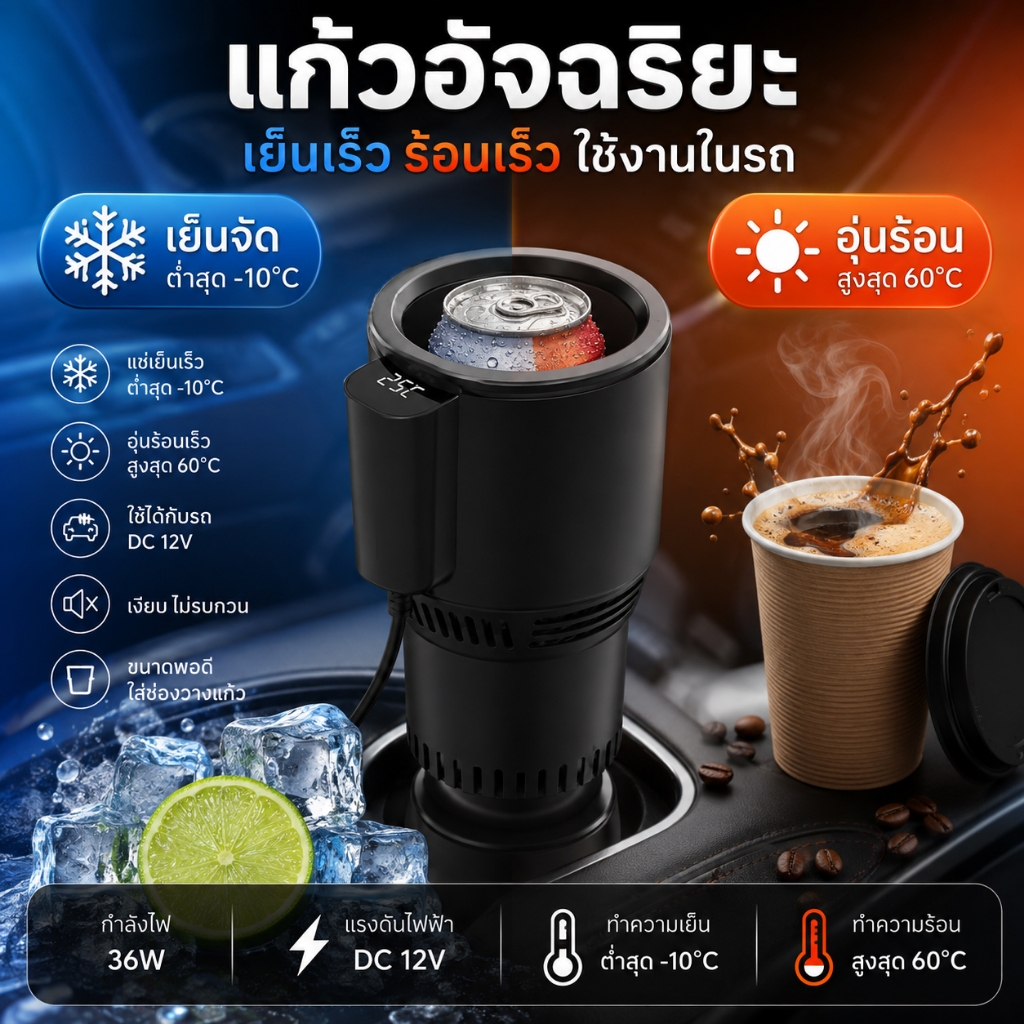 แก้วทำความเย็นในรถ แก้วร้อนเย็นในรถ แก้วอุ่นนมในรถ 12V เย็นเร็ว อัจฉริยะ ขับรถ เดินทาง