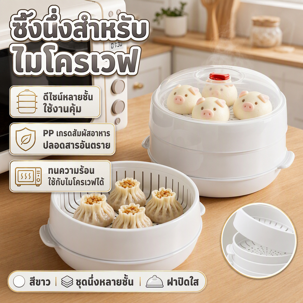 กล่องอุ่นอาหารในไมโครเวฟ กล่องนึ่ง ดีไซน์หลายชั้น อเนกประสงค์ PP เกรดอาหาร ปลอดสารพิษ ทนความร้อนสูง