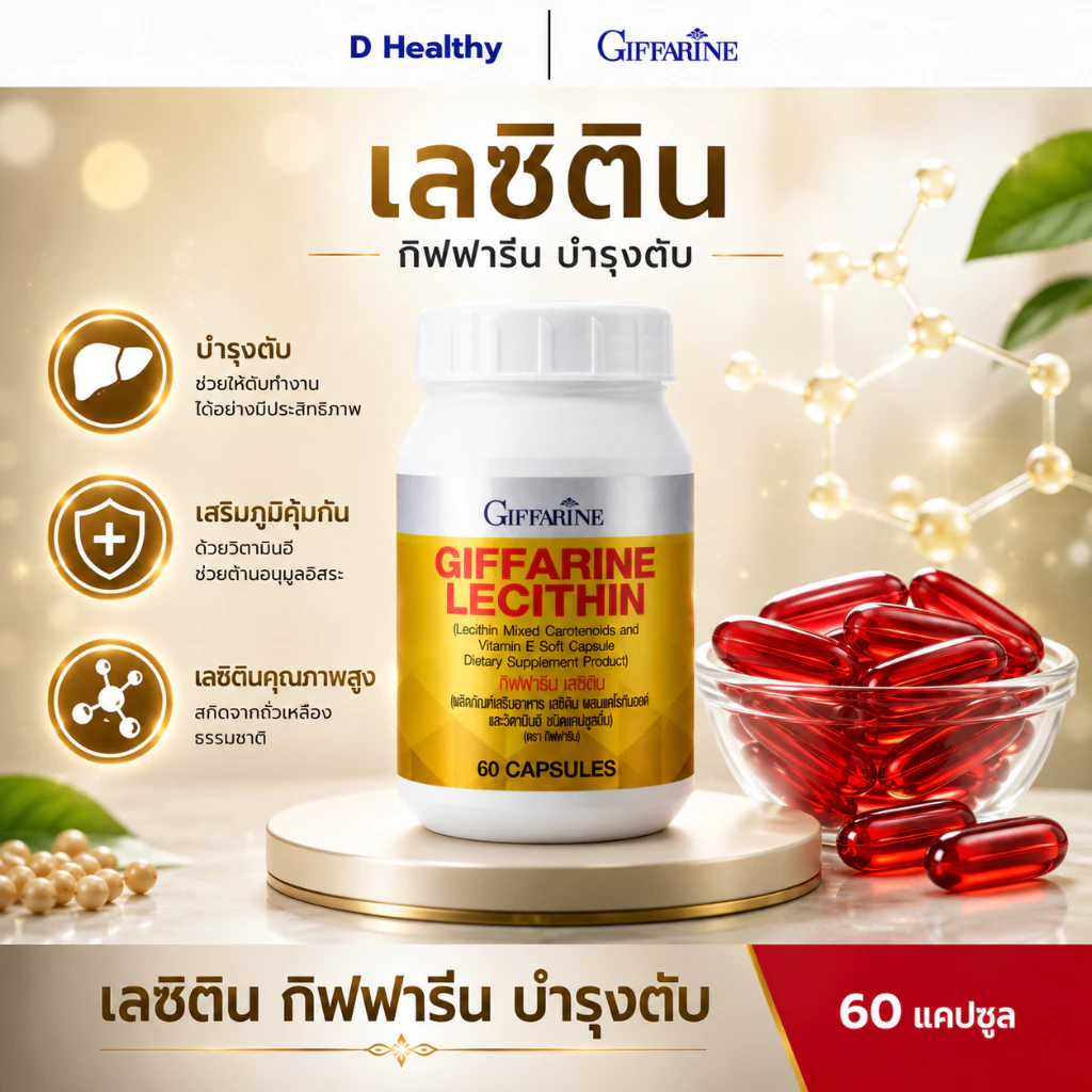 เลซิติน กิฟฟารีน เลซิติน ผสมแคโรทีนอยด์ และวิตามิน อี ชนิดแคปซูลนิ่ม บำรุงตับ ไขมันพอกตับ 60 แคปซูล