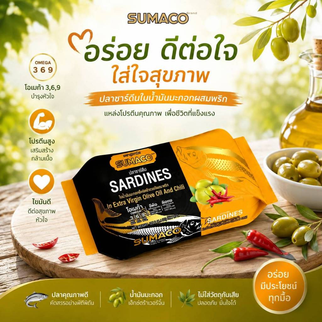 SUMACO ปลาซาร์ดีนในน้ำมันมะกอกและพริก เกรดพรีเมียม | ปลาซาร์ดีนเนื้อแน่น หอมน้ำมันมะกอก อร่อยกลมกล่อม