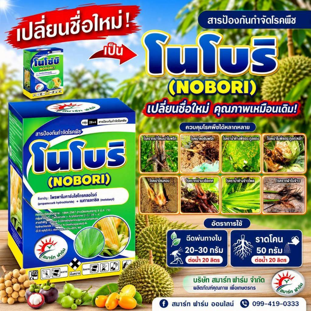 โนโบริ (โนโซมิ)โพรพาโมคาร์บไฮโดรคลอไรด์ 10% + เมทาแลกซิล 15% WP (1 กิโลกรัม) ป้องกันกำจัดโรค รากเน่าโคนเน่า โรคราน้ำค้าง