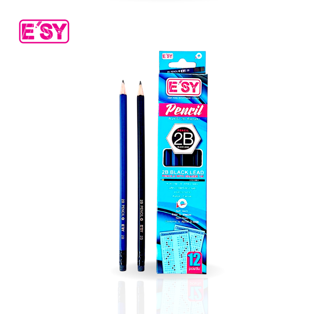 E'SY ดินสอไม้ 2B - 12 แท่ง มีแท่งสีดำและสีน้ำเงิน
