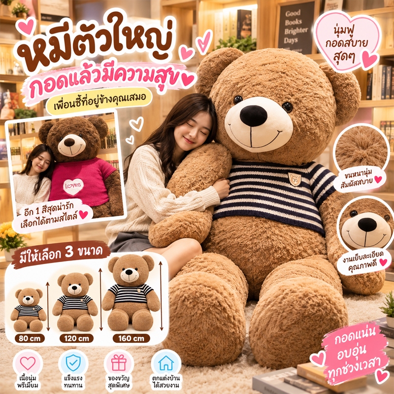 80/120/160cm ตุ๊กตาหมียักษ์ โอบกอดความนุ่มนวล ตุ๊กตาตัวใหญ่เท่าคน ของขวัญให้แฟน ของขวัญวันวาเลนไทน์