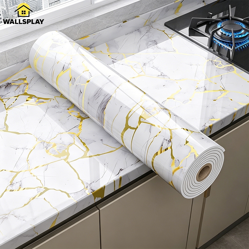 วอลเปเปอร์ครัว 3mm กันน้ำมัน ทนความร้อน 60x300cm วอลเปเปอร์ติดผนัง ลายหินอ่อน หนาเกรดพรีเมียม กาวในตัว ปิดรอยคราบสิ่ว
