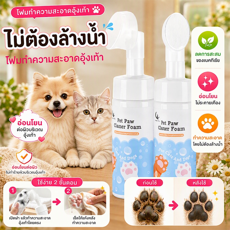โฟมล้างเท้าแมว ไม่ต้องใช้น้ำ! แปรงซิลิโคน  บีบ-เช็ด สะอาด! ปลอดภัย แมวเลียได้  บำรุงอุจจาระ
