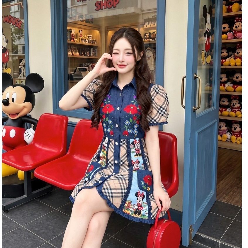 (มีถึง3XL) ยีนส์ Orga Twenty Dress เดรสสั้นวินเทจงานปัก ตัดต่อพิมพ์ลายมิกกี้ แขนสั้น มีกระเป๋าหน้า