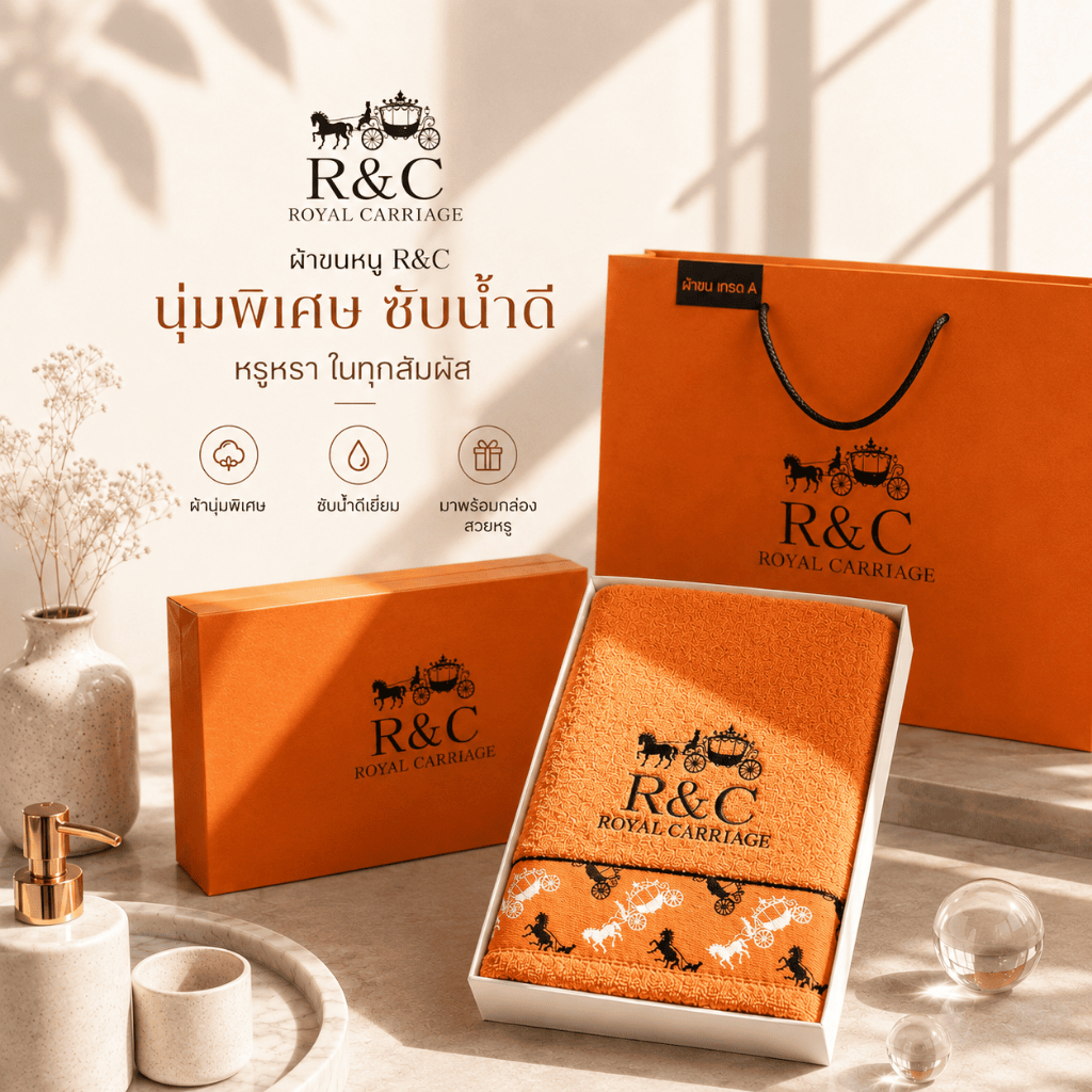 R&C Royal Carriage ผ้าขนหนู ผ้าทอเกรดเอ สีส้ม หนานุ่มดูดซับน้ำดี พร้อมกล่องของขวัญ ทุกโอกาส