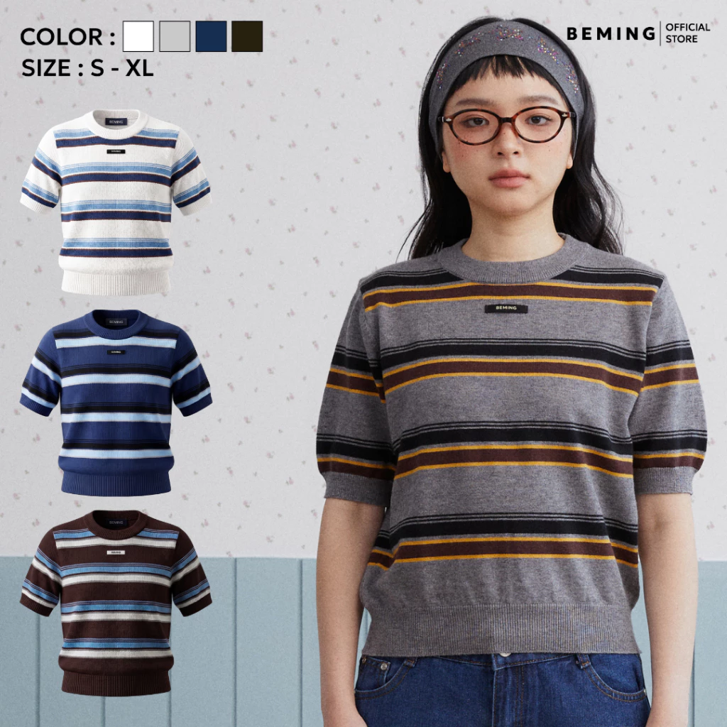 Bemingtop1219(S-XL)-Stripe Knit Tee - เสื้อไหมพรมแขนสั้นลายทาง ดีไซน์คลาสสิก