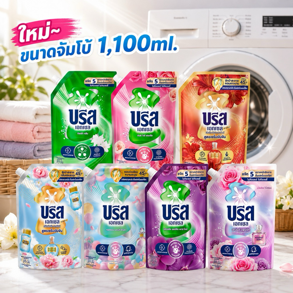 [1ถุง]บรีสเอกเซลน้ำซักผ้าถุงเติมถุงเดี่ยว 1,100ml. เลือกสีข้างใน