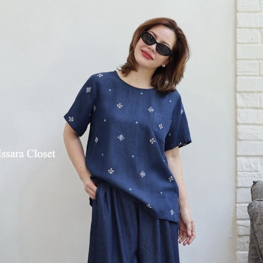 เซ็ทคอตตอน รุ่น TEE LINEN และ SUNSET สียีนส์เข้ม-ปักลายไทย