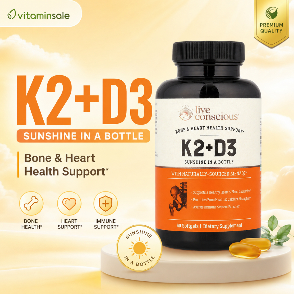 Live Conscious K2+D3 วิตามินบำรุงกระดูกและการดูดซึมแคลเซียม 60 ซอฟต์เจล