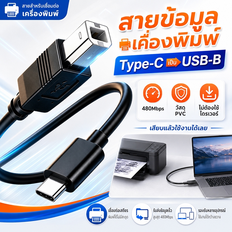 สายข้อมูล Type-C เป็น USB-B สำหรับเครื่องพิมพ์ เสียบแล้วใช้งาน ไม่ต้องไดร์เวอร์ ความเร็ว 480Mbps รองรับแล็ปท็อป แท็บเล็ต