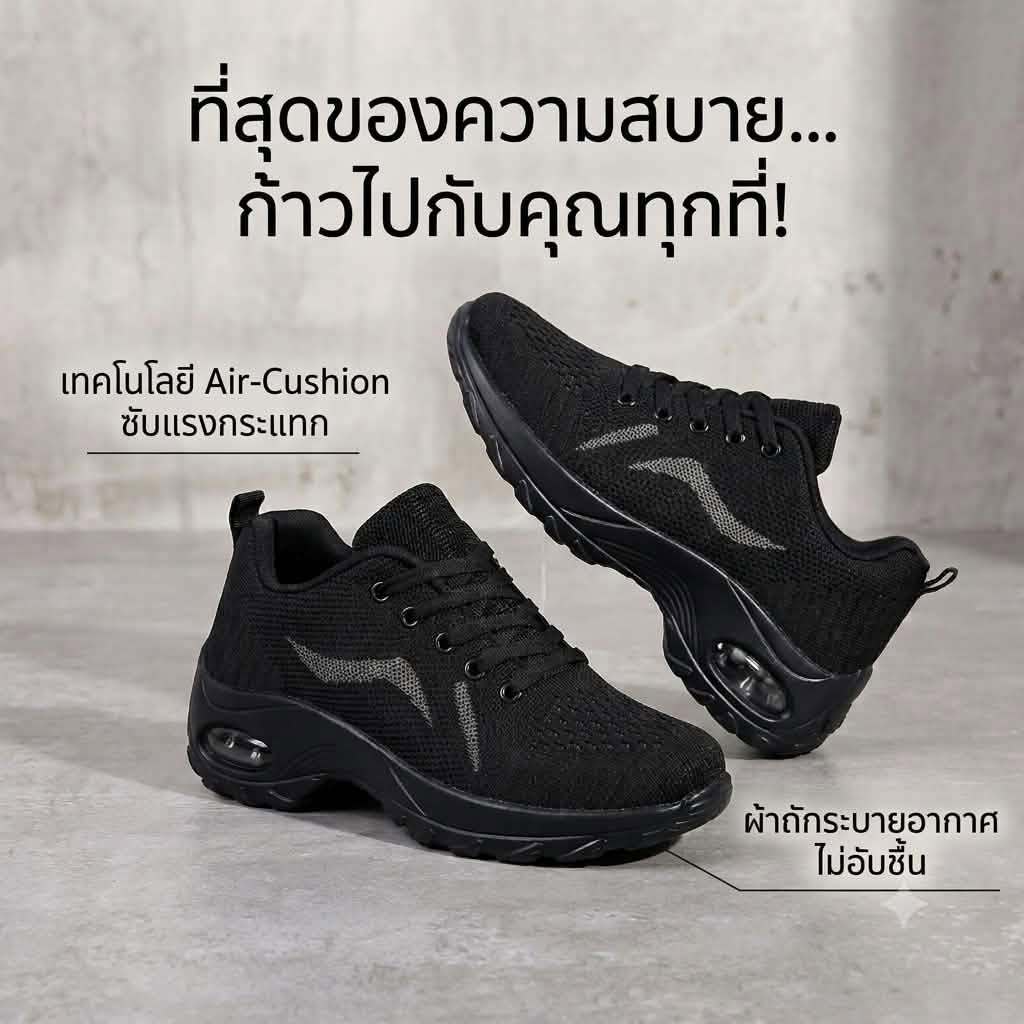 2269 รองเท้าผ้าใบงานถัก สีดำ พื้นสูง 5 ซม. ทรงสวย น้ำหนักเบา ไซส์ 36-41