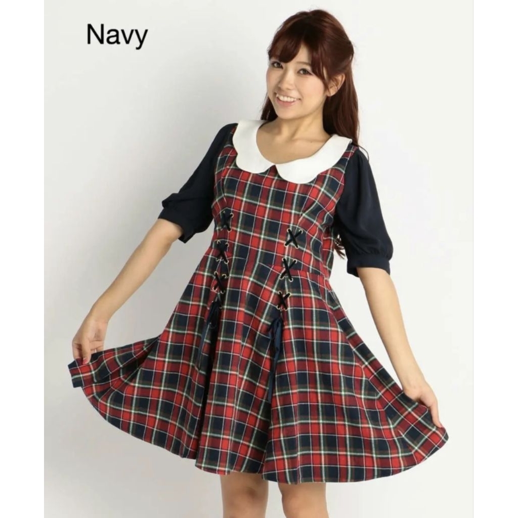 เดรสญี่ปุ่น lizlisa sz.m มือสอง สีน้ำเงิน แดง แต่งโบว์ไขว้ น่ารักมากๆ