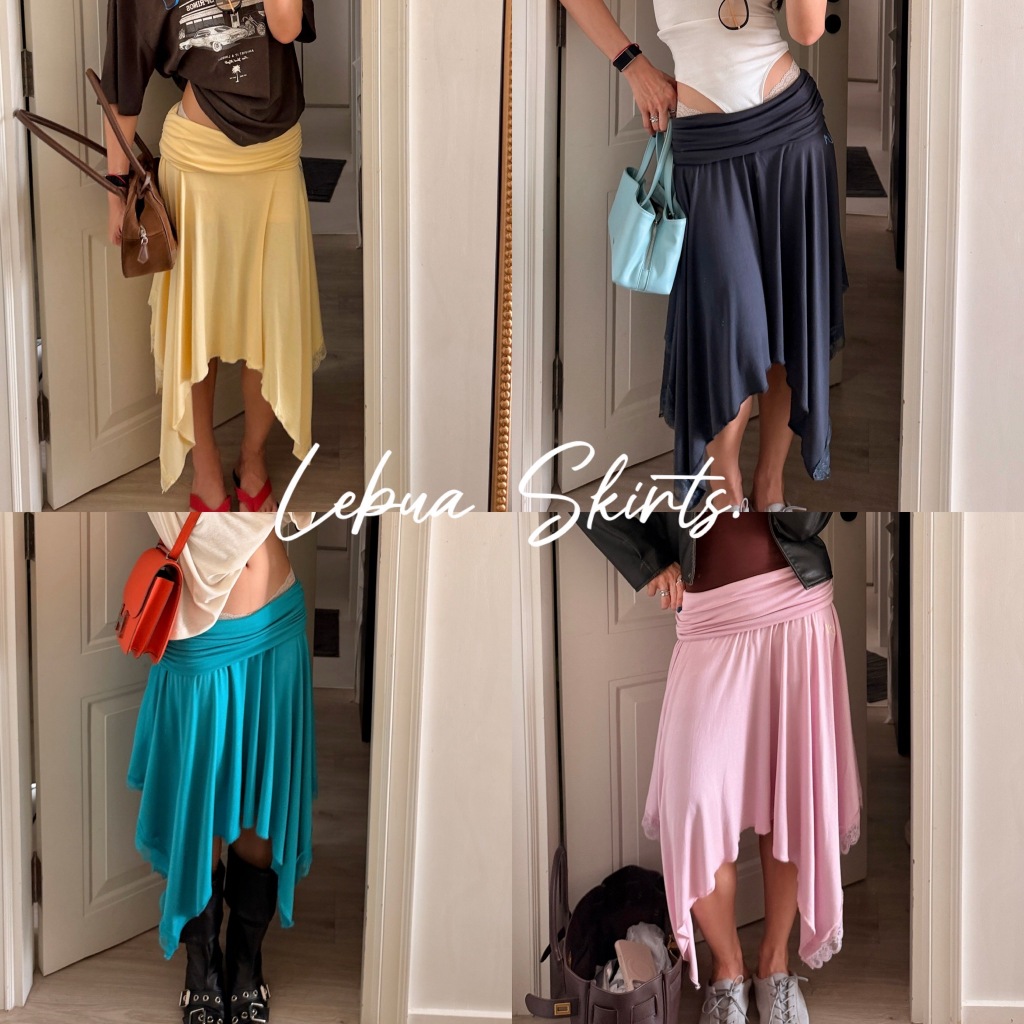 LOONNYSTORE กระโปรงมิดิ รุ่น LE BUA Skirts ดีไซน์พับเอวฟรีไซส์ ผ้ายืดนุ่มเด้ง ชายกระโปรงเลเยอร์ไม่เท่ากัน แต่งชายลูกไม้