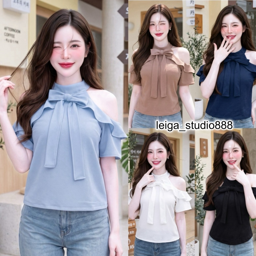 เสื้อแฟชั่น ผ้าวูลเวฟ เว้าแขน กระดุมคอ แต่งระบาย แต่งโบว์หน้า ใส่แมท LG396