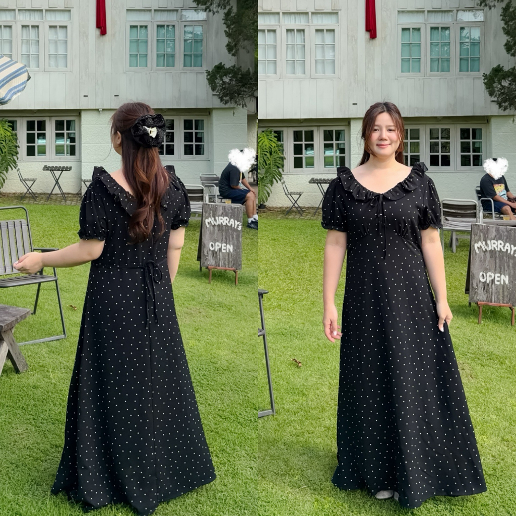 ( อกถึง 46") V Neck Dot Dress เดรสสาวอวบ ชุดสาวอวบ