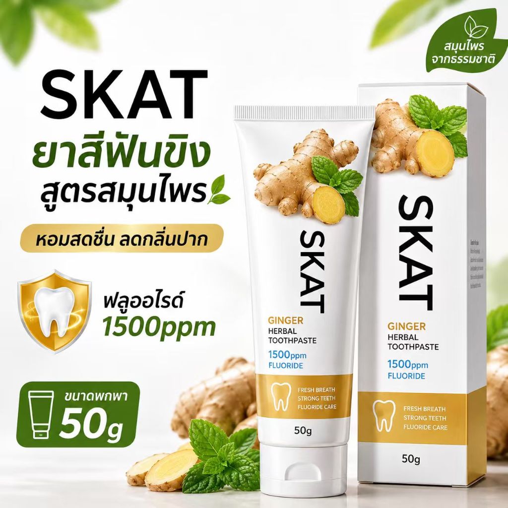 SKAT ยาสีฟันขิง สูตรสมุนไพร ฟลูออไรด์ 1500ppm ลดกลิ่นปาก ฟันสะอาด สดชื่น 50g