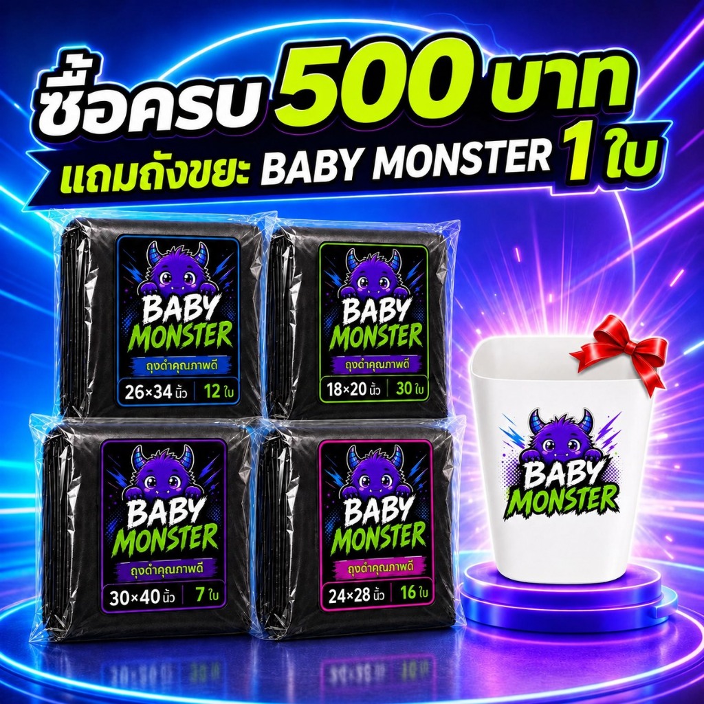 Baby Monster Bag ถุงดำใส่ขยะ ซื้อครบ 500 บาท รับถังขยะ 1 ใบ