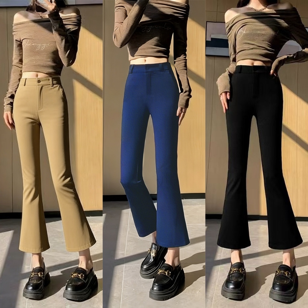 4สี กางเกงขาบาน เสื้อผ้าแฟชั่นผู้หญิง ทันสมัย กางเกงเก้าส่วน ทรงเข้ารูป S-2XL เอวสูง Flared trousers
