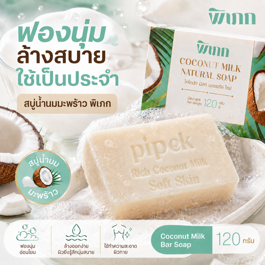 สบู่น้ำนมมะพร้าว พิเภก Pipek 120 กรัม สบู่ก้อนอาบน้ำ Coconut Milk Bar Soap ผิวนุ่มสบายหลังอาบ