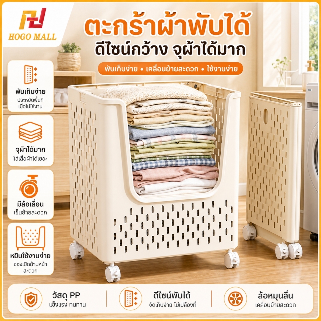 HOGO ตะกร้าซักผ้าความจุสูง ตะกร้าผ้า ตะกร้าซักผ้าแบบพับได้ ตะกร้าเสื้อผ้าสกปรกสำหรับใช้ในบ้าน