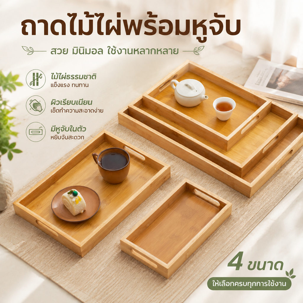 ถาดเสิร์ฟไม้/ไม้ไผ่ สี่เหลี่ยม สไตล์ญี่ปุ่น ทำจากไม้หนานมู่ ไม้เนื้อแข็ง มี 4 ไซส์ เสิร์ฟอาหาร ผลไม้ บาร์บีคิว