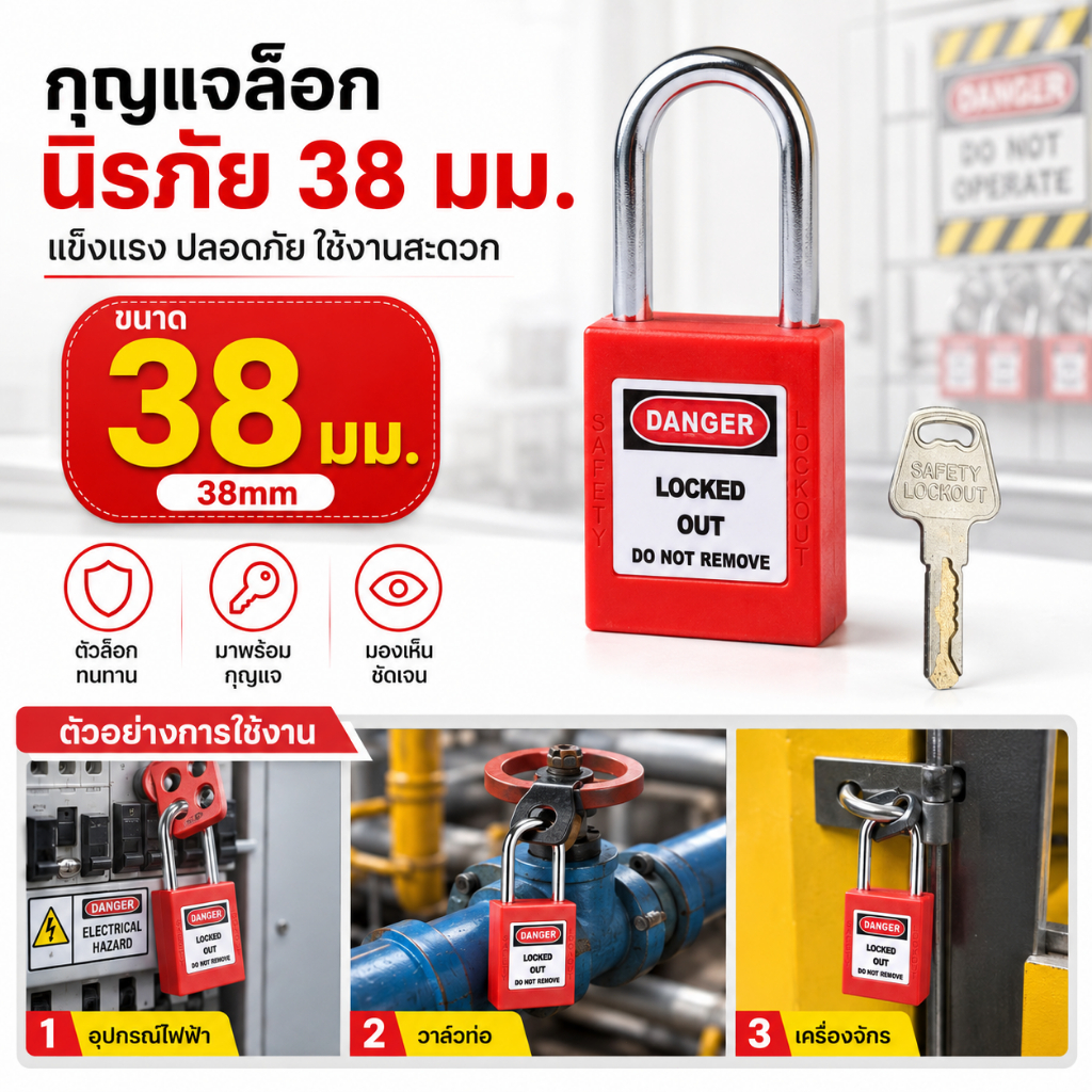 【Lockout/LOTO】38 มม padlockกุญแจนิรภัยสแตนเลสแข็งแรง อุปกรณ์เซฟ สีแดง กุญแจเซฟตี้ LOTO ล็อกอุปกรณ์ไฟฟ้า