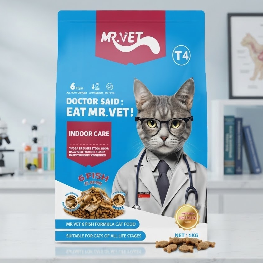 MR.VET T4 อาหารแมวเกรดพรีเมียม สูตร Indoor Care 1kg (รสปลา 6 ชนิด) exp 01/08/2027