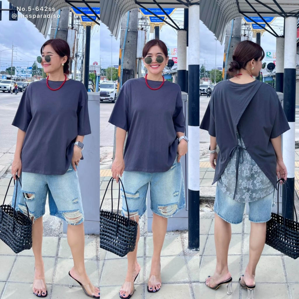 5-642SS เสื้อยืดคอกลมวีหลังลูกไม้ผูก เทาเข้ม