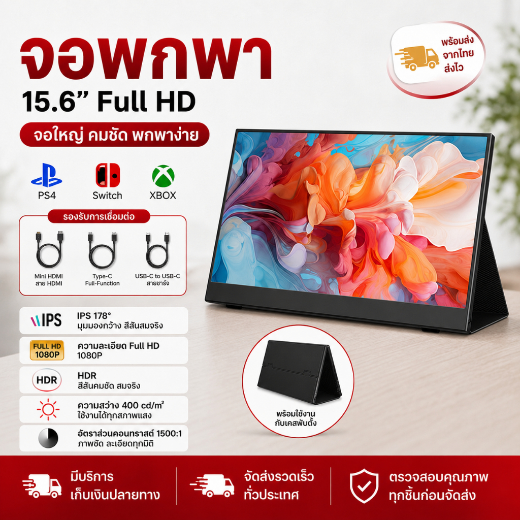 15.6 นิ้ว 100Hz จอภาพแบบพกพา จอพกพา เชื่อมต่อมือถือ-คอมได้ เหมาะสำหรับเล่นเกม ดูหนัง และทำงาน