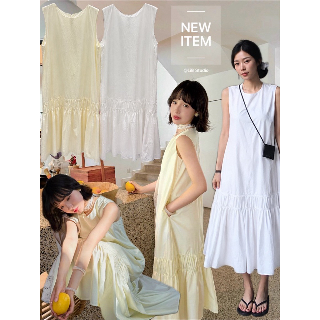 🌈🌿🌼🌺🌸🤍🧡🇰🇷 Cotton Gather Sleeveless Maxi Dress