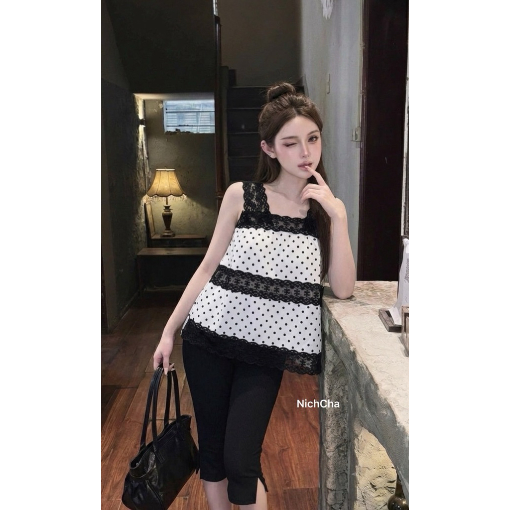 Pz - Polkadot ทรงใหม่ Set 2 ชิ้น เสื้อสายเดี่ยวตัดต่อลูกไม้เกรดพรีเมี่ยม กางเกง 5 ส่วน มีกระเป๋าข้าง #Nicha