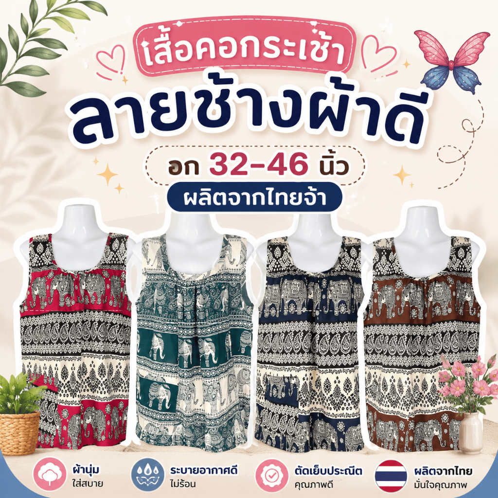 เสื้อคอกระเช้าผ้าสปันลายช้าง กระเช้า สปัน ใส่สบายผ้านิ่ม อกเสื้อ 48 นิ้ว (เหมาะกับอก 32-46) เนื้อเบา