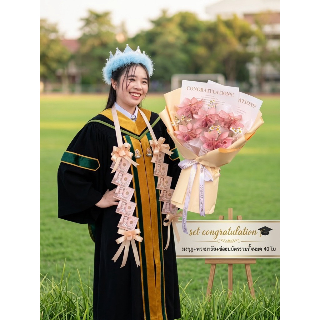 [พร้อมส่ง]🎓Set 1 รับปริญญา ปัจฉิม สุดคุ้ม 3in1 มงกุฎเจ้าหญิง + พวงมาลัย + ช่อธนบัตร 40 ใบ) ของขวัญรับปริญญา ปัจฉิมสวยหรู