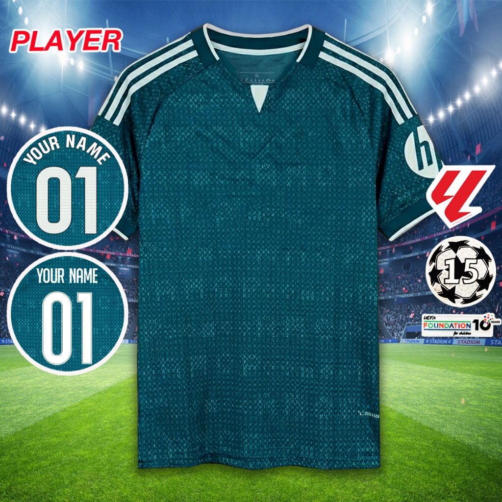 เสื้อฟุตบอล เสื้อเพลเยอร์ ทีม sีa มาดsิด เยือน สีเขียว ปี26/27 อาร์มลาลีก้า,ยูฟ่า/รับทำชื่อเบอร์ ไซส์ S-2XL #PY0148