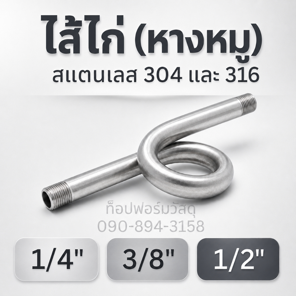 ไส้ไก่ (หางหมู) ไซฟ่อน สแตนเลส เกรด 304 และ 316 เกลียว BSPT (ขนาด 1/4", 3/8", 1/2") Ring Syphon (ไม่แถมข้อต่อตรง)