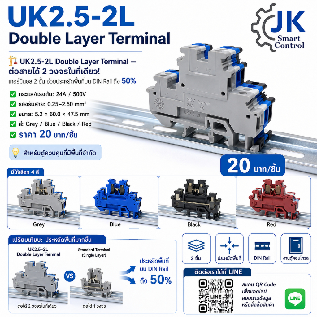 UK2.5 Double Layers Terminal Block (MBKKB2.5): เทอร์มีนอล UK 2ชั้น (UK2.5-2L-GY, UK2.5-2L-BU, UK2.5-2L-BK, UK2.5-2L-RD)