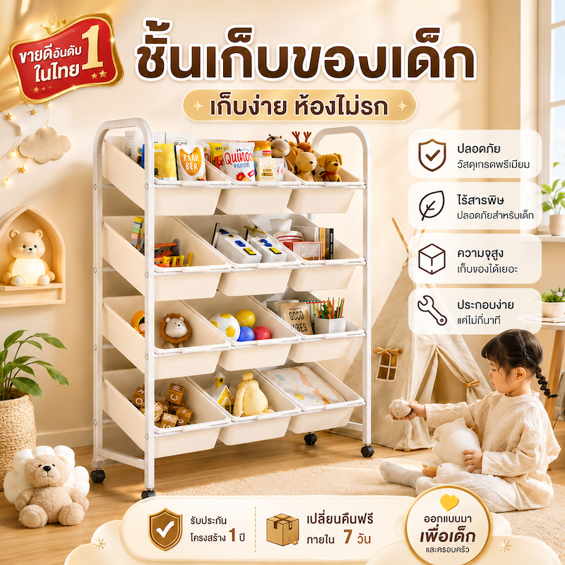 ชั้นเก็บของเล่นเด็ก ชั้นวางของเล่น ชั้นวางของว่าง มีหลายชั้น เคลื่อนย้ายสะดวก ของได้เยอะ ชั้นวางของใช้ในบ้าน