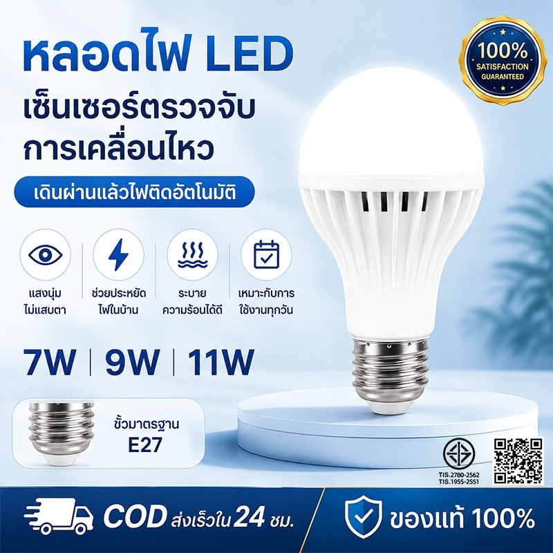 หลอดไฟ LED แสงไฟสีขาว แสงวอร์มไวท์ ทรงกลม ขั้ว E27 หลอดไฟบ้าน ประหยัดไฟ 7W 9W 12W